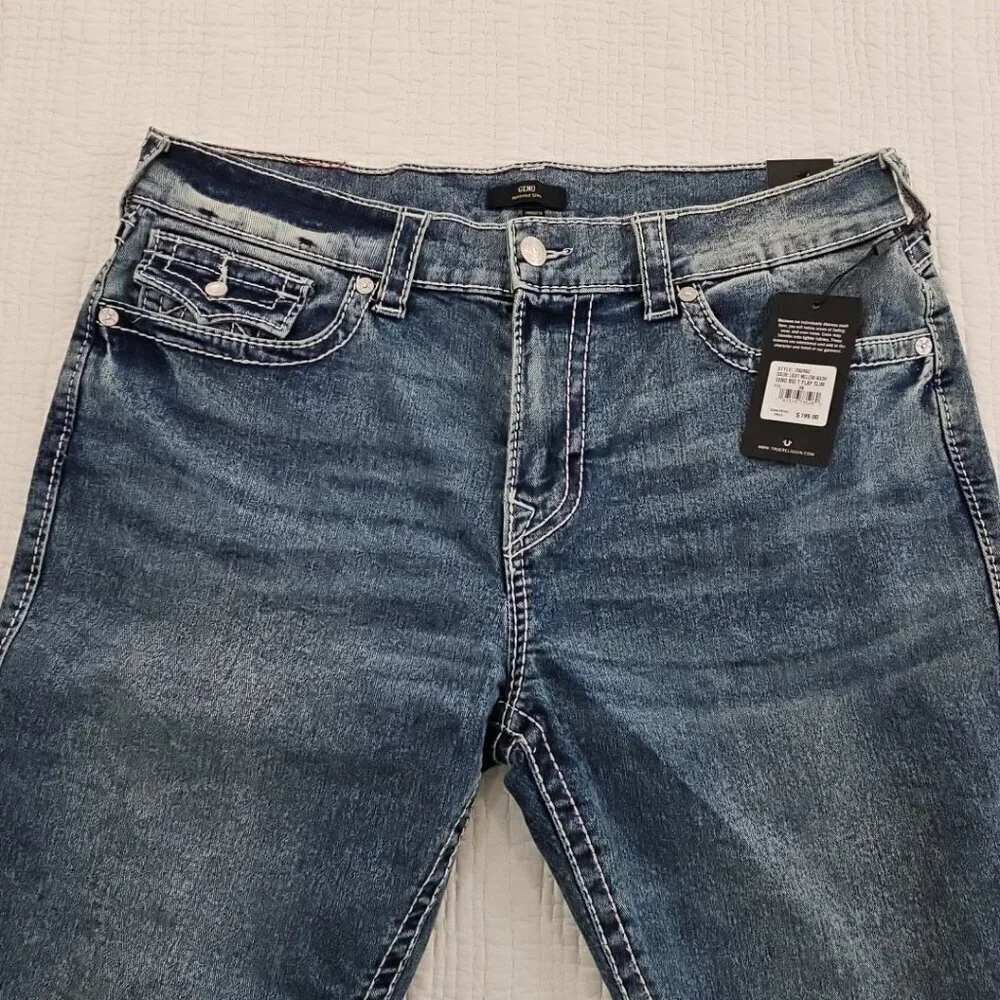 NEW True‎ Religion Geno Big T Flap Jeans Men's 38x32 Blue Flap Relaxed Slim NWT